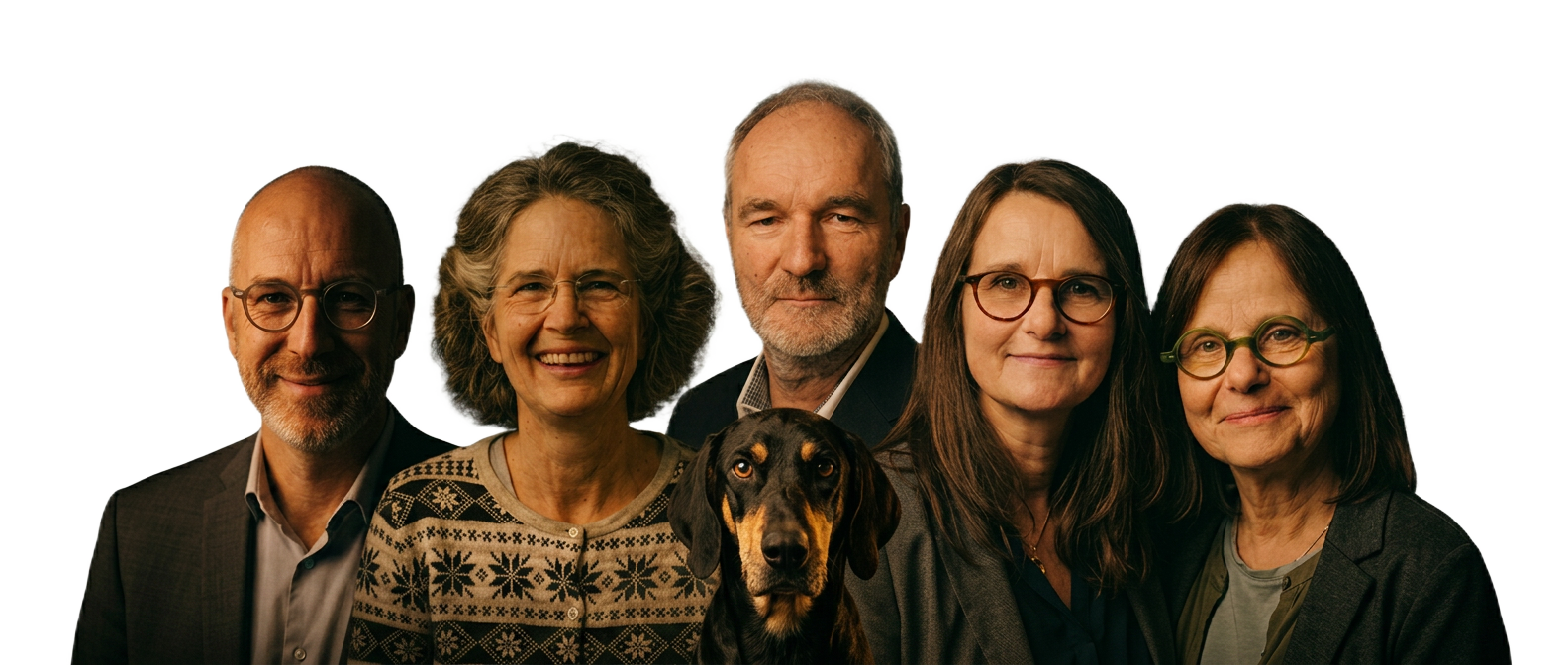 Die Gastgeber:innen von Prismeo – Jan Maas, Silja Teebken, Kai Klopsch, Meeta und Udi mit Studiohund Henry